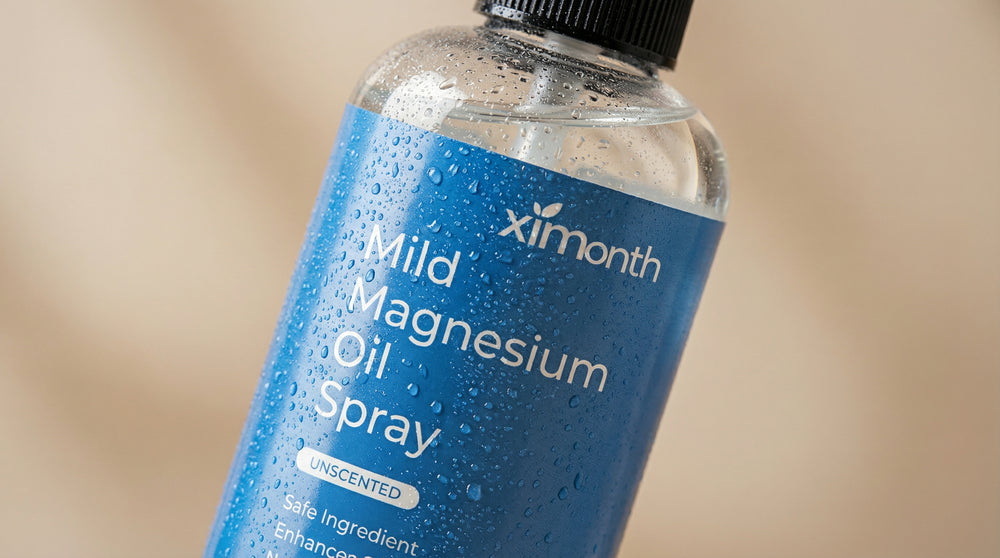 Close-up of MagniMama Deep Calm magnesium spray ingredients and blue bottle design
